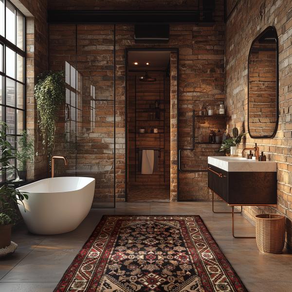 Persisk Hamadan tæppe i badeværelset i rustik loft-stil